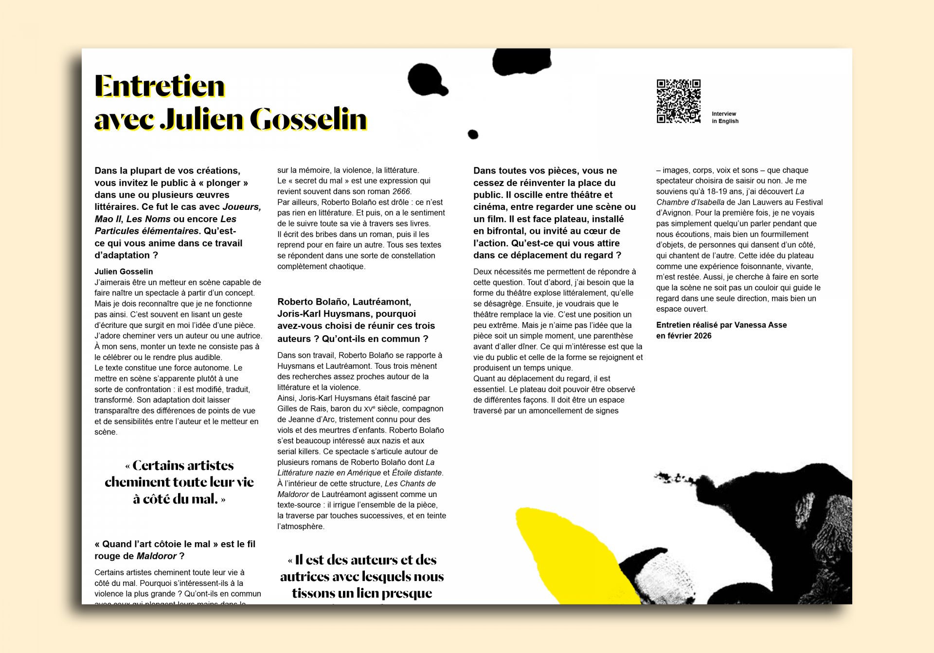 Feuille de salle - Festival Avignon 26 - Julien Gosselin - Maldoror